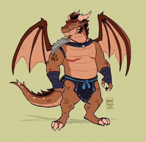 A colored sketch drawing of Angelo as an anthropomorphic western dragon. He has a built physique with a bit of a belly, curved horns, a mohawk, cheek spikes with sideburns, a paw tattoo on his arm and mastectomy scars on his chest. He is idly standing with a smile and his wings spread. He is also wearing a silver necklace with light armored loincloth, a metal shoulder pad and long wristbands.