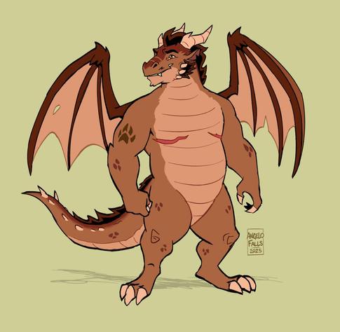 A colored sketch drawing of Angelo as an anthropomorphic western dragon. He has a built physique with a bit of a belly, curved horns, a mohawk, cheek spikes with sideburns, a paw tattoo on his arm and mastectomy scars on his chest. He is idly standing with a smile and his wings spread.