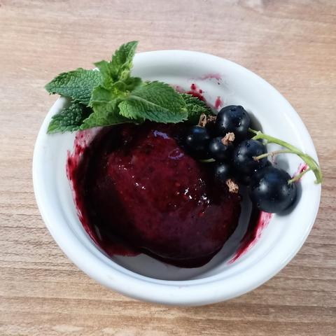 Eine Kugel Sorbet in einer Schale mit einem Zweiglein schwarze Johannisbeeren + einem Stengel Minze