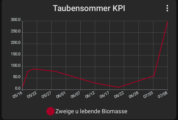 Chart "Taubensommer KPI"
X-Achse: Datum 16.5.-8.7.2025
Y-Achse: Zweige u lebende Biomasse
Eine rote Linie steigt anfangs steil bis 90, fällt langsam ab bis 10, steigt wieder langsam auf 30 und am Schluss steil hoch auf 300.