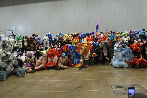 Lots of dragon fursuiters at the Anthrocon dragon meet group photo
The baby-blue dragon in front is Arkie and Terry is visible along the top left