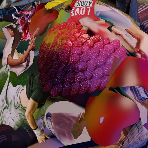 digital collage cover art for "Heart Stoppers" by David B. Applegate & Body Nostril, a swirl of hearts and limbs in red and dark green tones