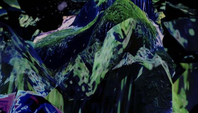 a glitchy green, blue, and purple nighttime landscape of rocks and moss from my music video for Mezzanine Swimmers "Pensacola Arches"
