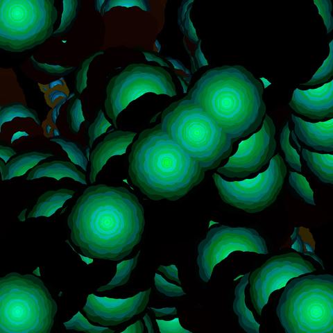 the cover art for my "Sinkhole Racer" release, an abstracted geometric arrangement of glowing green spheres