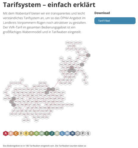 Eine Seite mit der Überschrift „Tarifsystem - einfach erklärt“ Darunter eine Grafik mit vielen ahnender gereihten Sechsecken mit zahlen drin die mit roten Linien wild verbunden sind. Darunter eine bunter Auflistung von den Buchstaben A bis Q die aussehen wie eine Legende aber nirgends erklärt werden. Insgesamt wird eigentlich auch nichts erklärt. Und daneben ein Download Link zu einer „Tarif Fiebel“