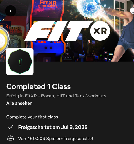 Auszeichnung auf Meta Horizon: "Completed 1 Class" bei FitXR