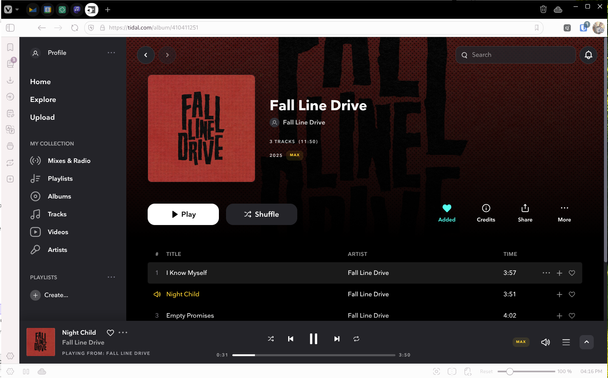 screen cap of Tidal in a browser playing that amazing music from Fall Line Drive