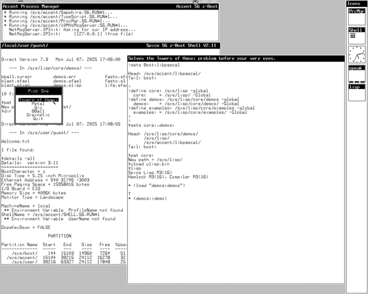 Hot off the griddle, screenshot of a PERQ-2/T4 (aka PERQ4) running the standard Lisp M3 demos.  Maybe some old CMU or ETI folks will be inspired to send along copies of the original media?  Even with gummy bands a full QIC install tape would be gold.