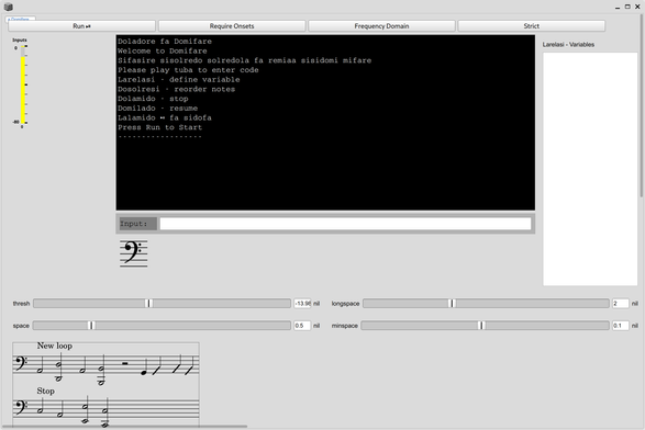 A SuperCollider GUI window with 5 buttons at the top(one is hidden), a single channel meter, a textoutput area that has instructions in English and Solresol, an empty list of variables, a line of text labeled input, a bass cleff, four sliders to adjust the input threshold and pause lengths and cheat sheet that has only "new loop" and "stop". The whole thing is surrounded by sliders which I cannot get rid of.
