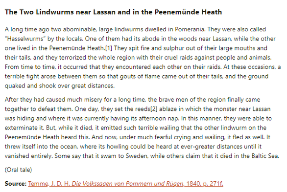German folk tale "The Two Lindwurms near Lassan and in the Peenemünde Heath". Drop me a line if you want a machine-readable transcript!