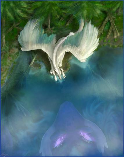 A silver grey fluffy dragon, lit up by warm afternoon sunlight shining from its feathers, bends forward to peek into the still surface of a woodland lake surrounded by coniferous trees. The surface of the lake is reflecting sky, clouds, treetops, and the dragon itself, but visible beneath the water’s surface is the giant looming face of a sea monster with flowing hair, finned cheeks, giant clawed hands, and fiery pink eyes that glow in the darkness