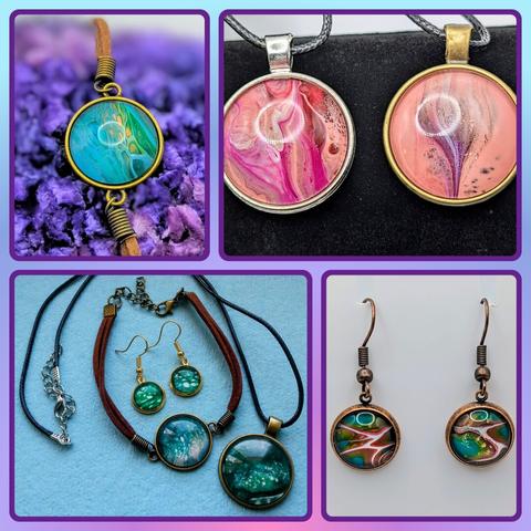 A collage filled with photos of some of my favorite fluid art paint dip jewelry.