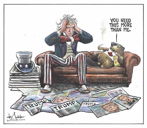 A brown leather couch with a stack of news papers to the left and all over the floor in front of the couch.
On the couch is Uncle Sam holding his head and a Canadian beaver (with a maple leaf t-shirt on). Beaver is eating Lays chips and passing Uncle same a joint.
You need this more than me.