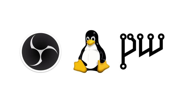 The OBS logo, the Linux logo and the Pipe wire logo on a white background.