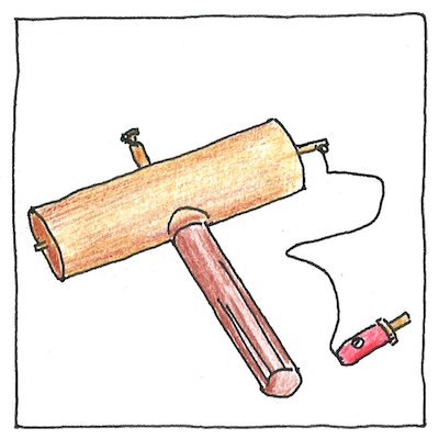 Drawing of an early Geiger–Müller tube made in 1932 by Hans Geiger for laboratory use, a cylinder with a handle and a wire running from an end of the cylinder to a small device