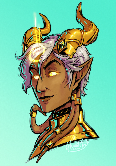 Digital art portrait of a lightforged draenei male with short white hair and gold jewelry on his horns. He is looking at the viewer with one of his face tentacles thoughtfully leaning up against is chin.