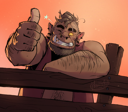 Digital art of a male mag'har orc with a short loose mohawk of hair, leaning on a wooden fence and giving a thumbs-up towards the viewer with a grin. One of his tusks is broken off.