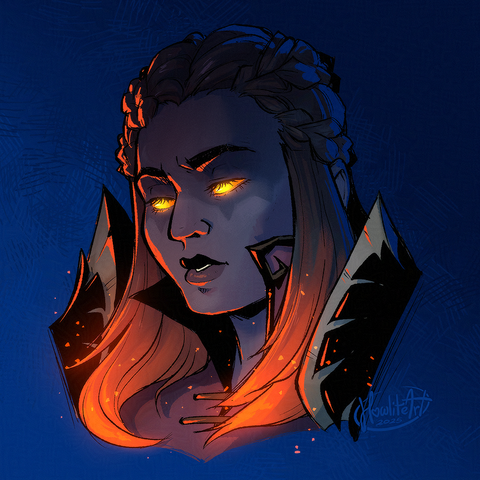 Digital art portrait of a female dark iron dwarf with two braided crowns holding back her hair. She is looking down and away from the viewer with a slightly miffed expression, orange lighting her from below.