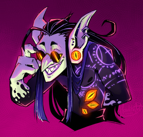 Digital art of a male goblin seen from the waist up. He is hunched over, tilting his round-lensed black glasses down to peek at the viewer, grinning. His body is covered in blackness with glowing purple runes and orange eyeballs with slit pupils on his stomach and earlobe.