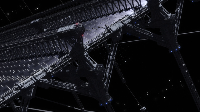 Part of the solar panels system that powers a space colony, seen from the outer space near it.