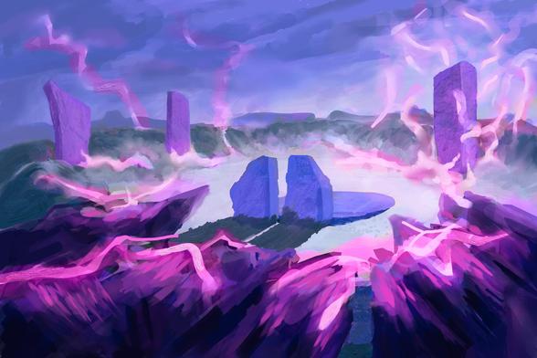 3 tall standing stones arranged in a circle pass judgment on smaller standing stones in the centre. Waves crash around the circle, jagged rocks jut forwards as witness, and celestial pink sparks dance around the ritual.