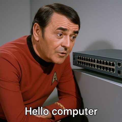 AI generated image of Scotty (age and look approximate to Star Trek: The Original Series) leaning in towards a network switch saying "Hello computer".

Generated via Copilot in Edge, prompt was:
Image of Scotty from Star Trek leaning in talking to a network switch saying, "Hello computer"