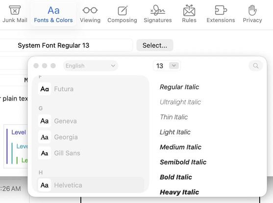 a screenshot of the new font picker in macOS Tahoe, which shows more-helpful previews of each font