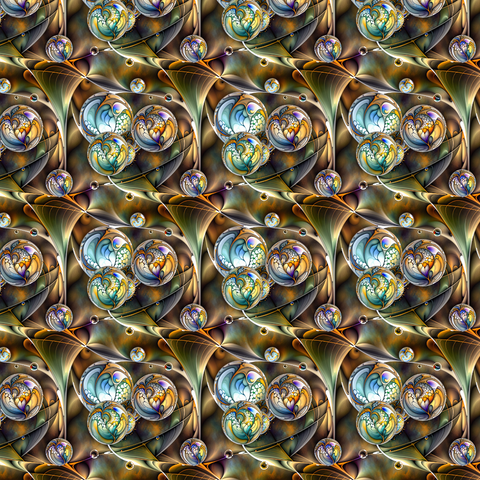 (repeated) Glowing seed-like botanical orbs embedded in a fractal cosmic landscape of flowing forms and intricate textures. Repeating pattern.