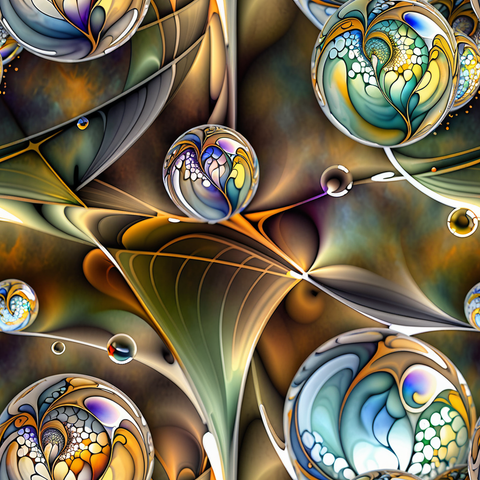 Glowing seed-like botanical orbs embedded in a fractal cosmic landscape of flowing forms and intricate textures. Repeating pattern.