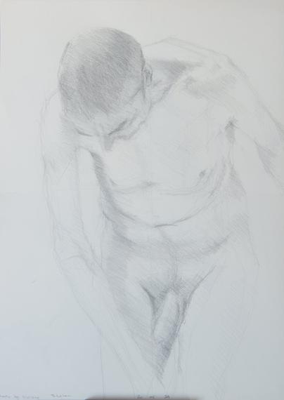 A male art model coming out of a shower. He leans slightly forward. He is seen from head to mid-thighs. He is almost facing the camera, head down.