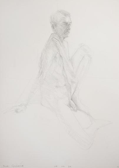 Drawing of a male art model sitting on a bed. It's a three-quarter view. His left hand is on his right shoulder, arm crossing his chest. His left foot is on the bed, touching his crotch, knee up. His right foot and knee are on the floor. His penis is visible between his legs. The drawing is mainly down of hatching.