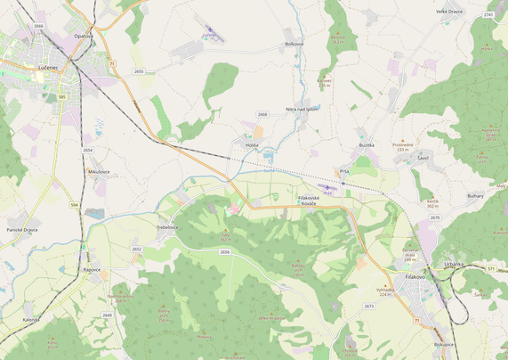 Screenshot of part of OpenStreetMap chart between Lučenec and Fiľakovo in Slovakia. Visible is a black dotted line indicating the railway line is "under construction".