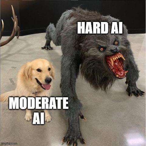 A sweet golden retriever is sitting next to a hellish werewolf-like monster dog with huge bared teeth and an angry expression. They're labeled respectively as moderate AI and hard AI.