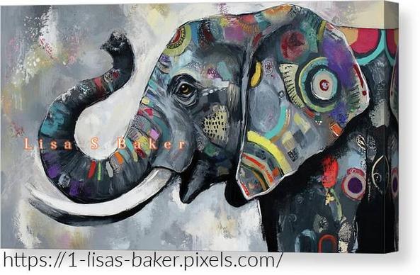 Color Me Elephant / Whimsical Elephant Art by Lisa S Baker. A colorful, abstract depiction of an elephant showcases a patchwork of vibrant patterns and geometric shapes across its body. The elephant's detailed textures and dynamic color palette create a striking visual impression.