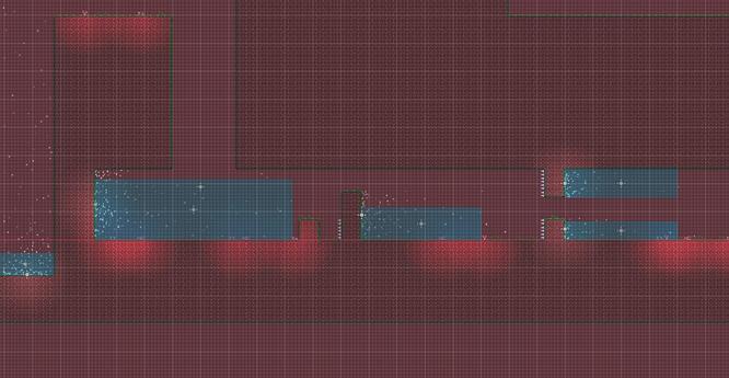 Five blue rectangles representing CollisionShape2Ds can be seen. White particle effects emanate from the left of all these blue rectangles. There is a brown tileset being used with green grass on the edges