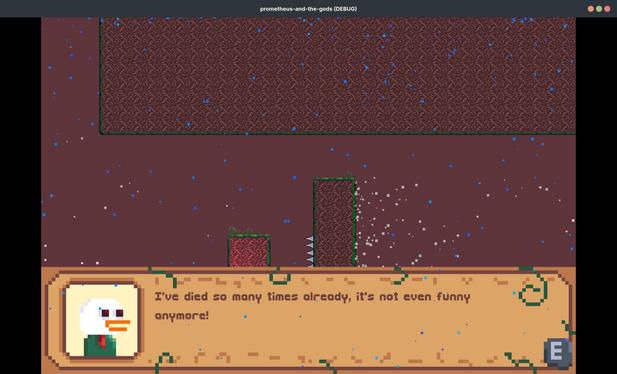 Pixel art duck with red tie says in dialogue box: “I’ve died so many times already, it’s not even funny anymore!”

There are lots of rain and wind particles as well as spikes on the walls.