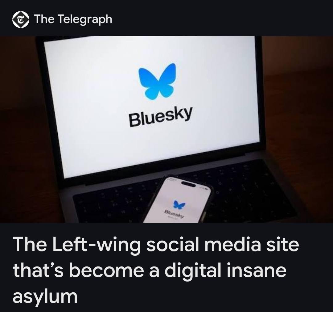 A Telegraph headline "The left wing social media site that's become a digital insane asylum" with a picture of the Bluesky logo on a laptop and phone