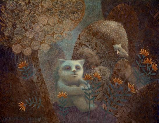 The Peaceful Garden
With eyes closed in peaceful meditation, a white cat considers the nature of life. Surrounded by a flowering tree and small hillocks of varying shades of deep umber, bright orange flowers spark in the quiet space like fire. A curious owl watches nearby and wishes that he would ask his companion about its enigmatic smile.