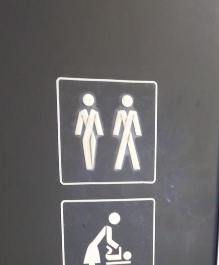 toilet icon with two stylised figures as if formed of ribbon. the right "male" one is typical but the left one just looks like their legs are crossed