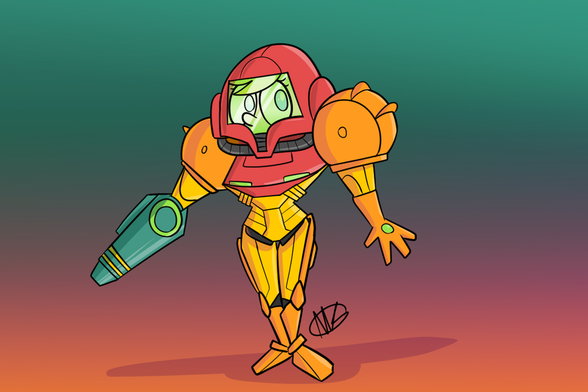 A cartoony version of Samus Aran in her Varia Suit from Metroid Prime.