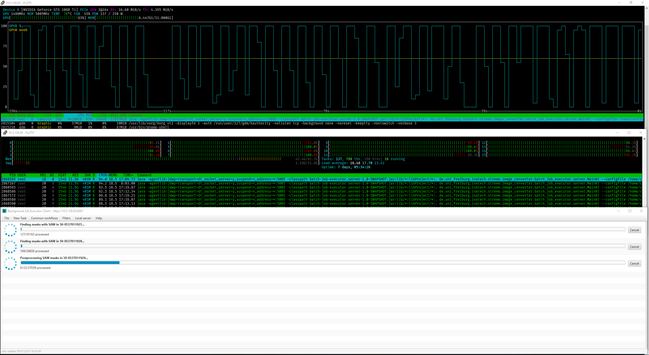 Screenshot showing 3 windows. From top to bottom: 
Window title: "Background Job Executor Client - http://10.5.138.85:8001" showing 3 tasks in progress: "Finding masks with SAM in 50-0537011925", "Finding masks with SAM in 50-0537011928" and "Postprocessing SAM masks in 50-0537011926"

Middle window: Putty with an SSH connection to that same machine showing htop with all 16 cores being at 100% and 45 GB in RAM

Top window: Another instance of Putty but showing nvtop with a GPU usage oscillating between 0% and 100%