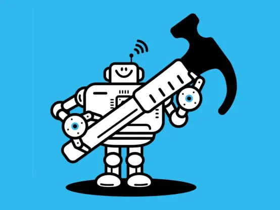 Ilustration with a blue background of a tiny robot holding a hammer. The robot is smiling and have an antenna in its head.