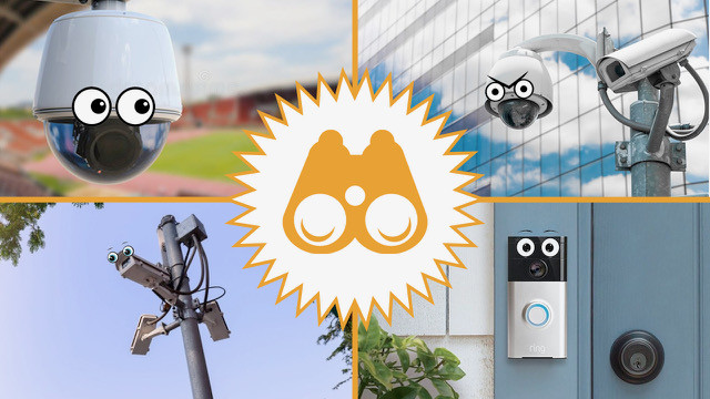 security cameras of different sorts with cartoon eyes. Binoculars in the center of the photo.