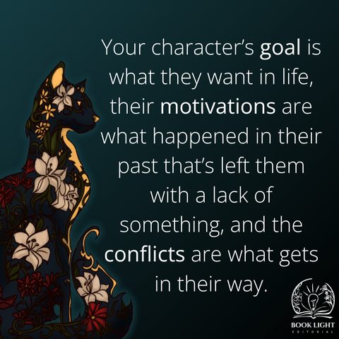 Solid dark jade background. There is a big black cat sitting on the left side  corner with red, white, and gold flowers on its body. The company logo is on the bottom right corner and it's an open book with a lightbulb in the center. The main text says, “Your character’s goal is what they want in life, their motivations are what happened in their past that’s left them with a lack of something, and the conflicts are what gets in their way.”