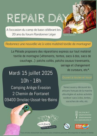 Journée de réparation à l'occasion du camp de base célébrant les 20 du forum Randonner Léger

Mardi 15 juillet 2025 de 10h à 18h au camping Ariège-Évasion
2 chemin de Fontanet
09400 Ornolac-Ussat-les-Bains