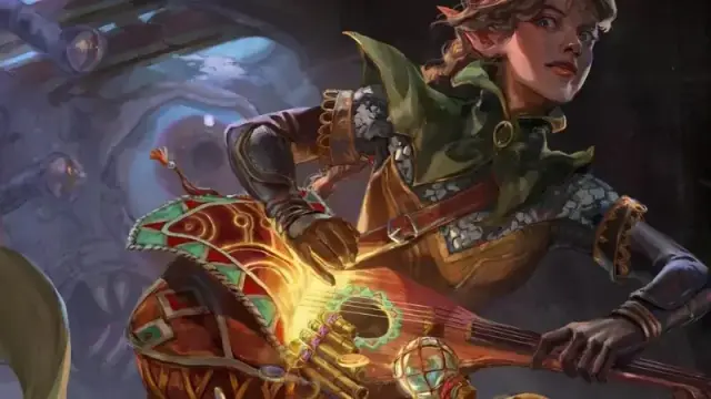 Official D&D promotional art for Amazon Prime Days, featuring a female elven bard running away from a beholder with a bag of holding spilling items out of it.