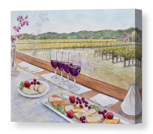 Canvas print of a watercolor painting. Landscape painting with wine, cheese and fruit plates, view of vineyard.