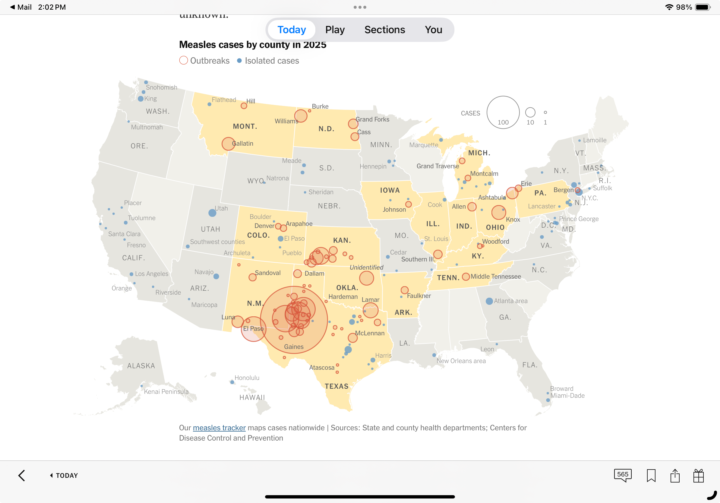 map of the spread of measles in the US by county in 2025