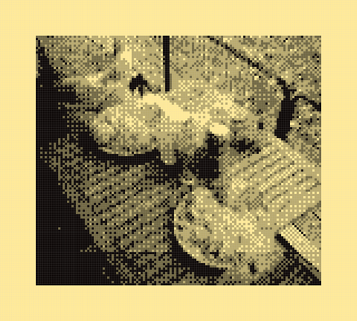 Photo of a dinner situation outside, with a wooden table, plates on top, loaded with vegetarian food, highly pixelated
