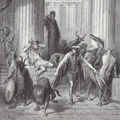 a woman stands casually on a raised stone platform among columns as in a Greek temple, below her are a group of 10-15 persons that are in various stages of transformation into animals.  Many of them have the upper body features of animals and the lower body of men, or they are animals but standing upright in human poses.  There are cows, goats, birds, crocodiles, stags, pigs, etc.